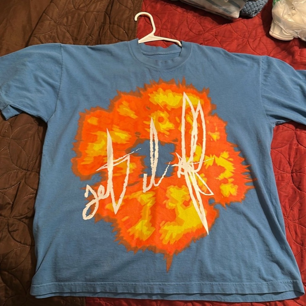 Blue T-Shirt with Orange and Yellow Graphic